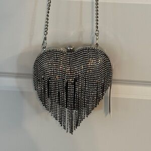 Aqua Silver heart crystal Clutch mini crossbody.Missing a few hanging crystals